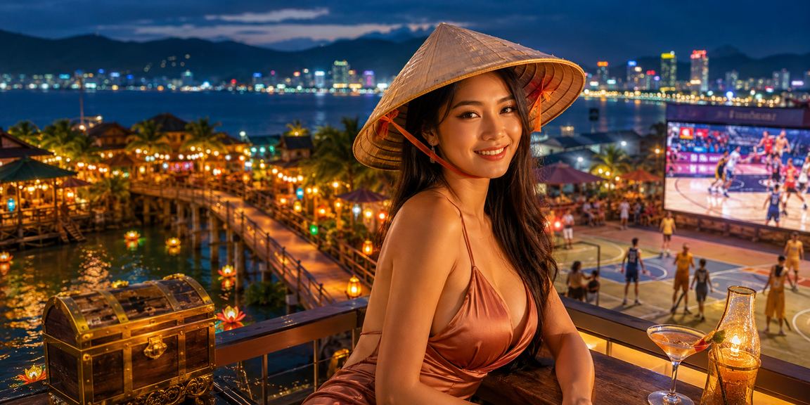 Người chơi theo dõi kết quả cá cược bóng rổ tại Nha Trang với chiếc nón lá truyền thống